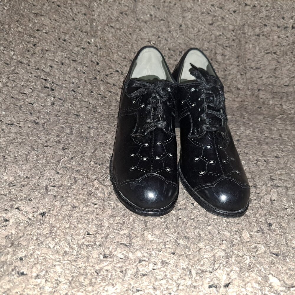 1940's Vintage-DR. SCHOLL'S-Black Leather Granny Heels-Cut-Outs-Sz 7-Near Mint - Picture 3 of 8